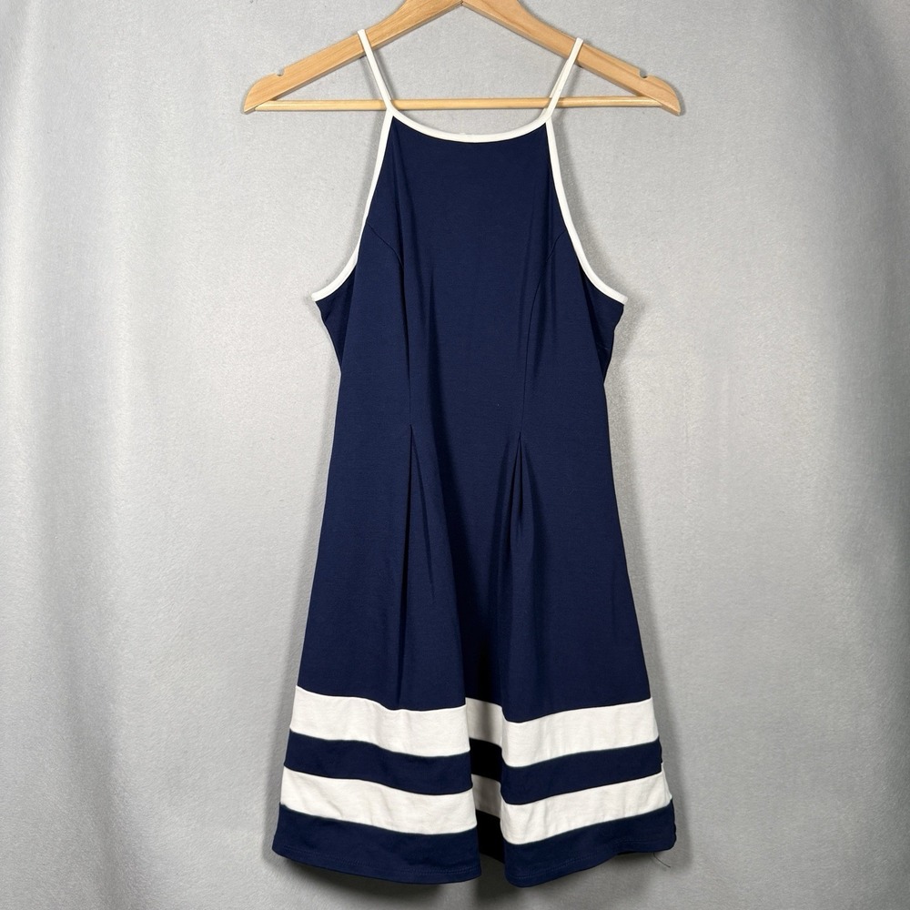 Mini Dress Nautical Sailor Sporty Spaghetti Straps Blue White Trim Stripes
